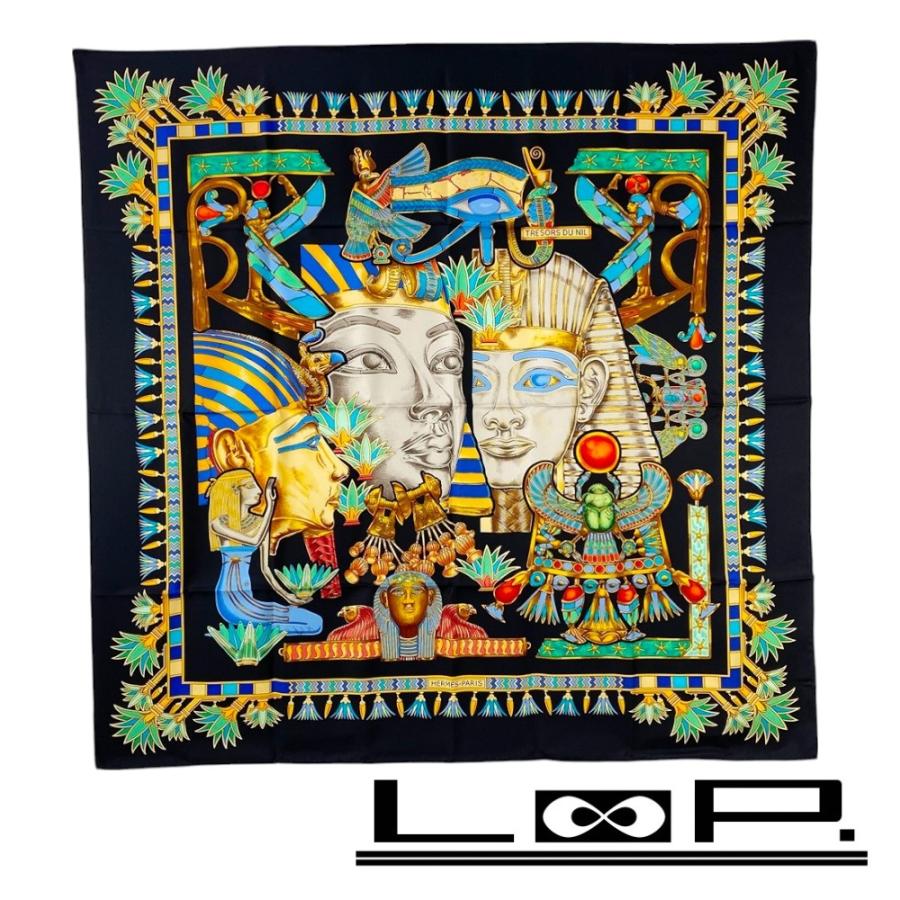 ■新同■　エルメス カレ90 スカーフ TREASURES OF THE NILE ナイルの宝 ツタンカーメン シルク ブラック 箱 【369254】5 | 