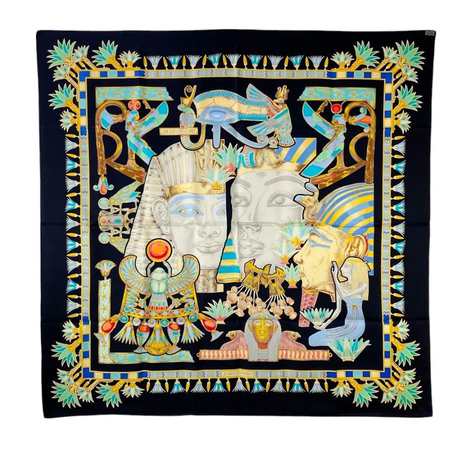 ■新同■　エルメス カレ90 スカーフ TREASURES OF THE NILE ナイルの宝 ツタンカーメン シルク ブラック 箱 【369254】5 |  | 05