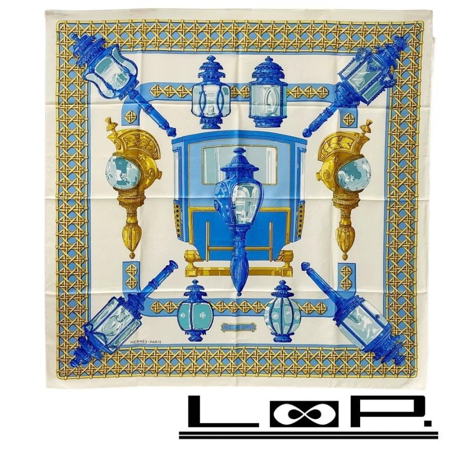 良品HERMES【エルメス】スカーフ FEUX DE ROUTE 馬車のランタン □未使用□ エルメス カレ90 スカーフ FEUX DE ROUTE 馬車のランタン