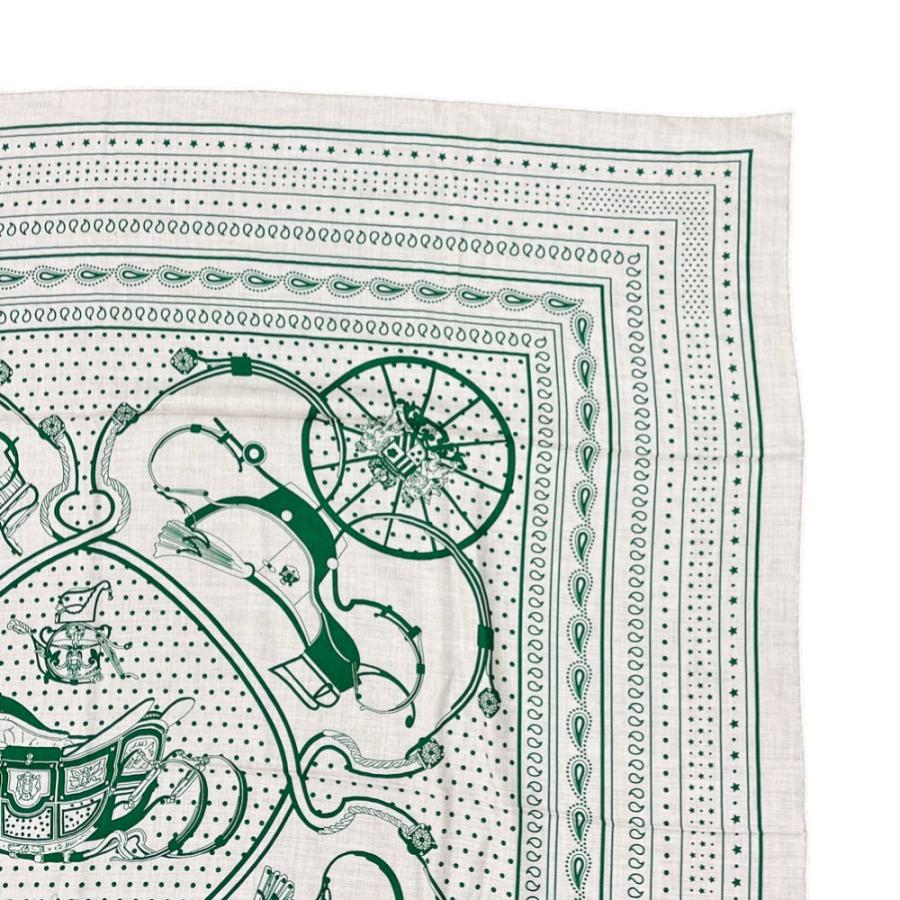 ■未使用■　エルメス カレ140 スカーフ Springs Bandana スプリングス バンダナ 馬車 星 カシミア シルク グリーン ベージュ 【394546】3 |  | 02