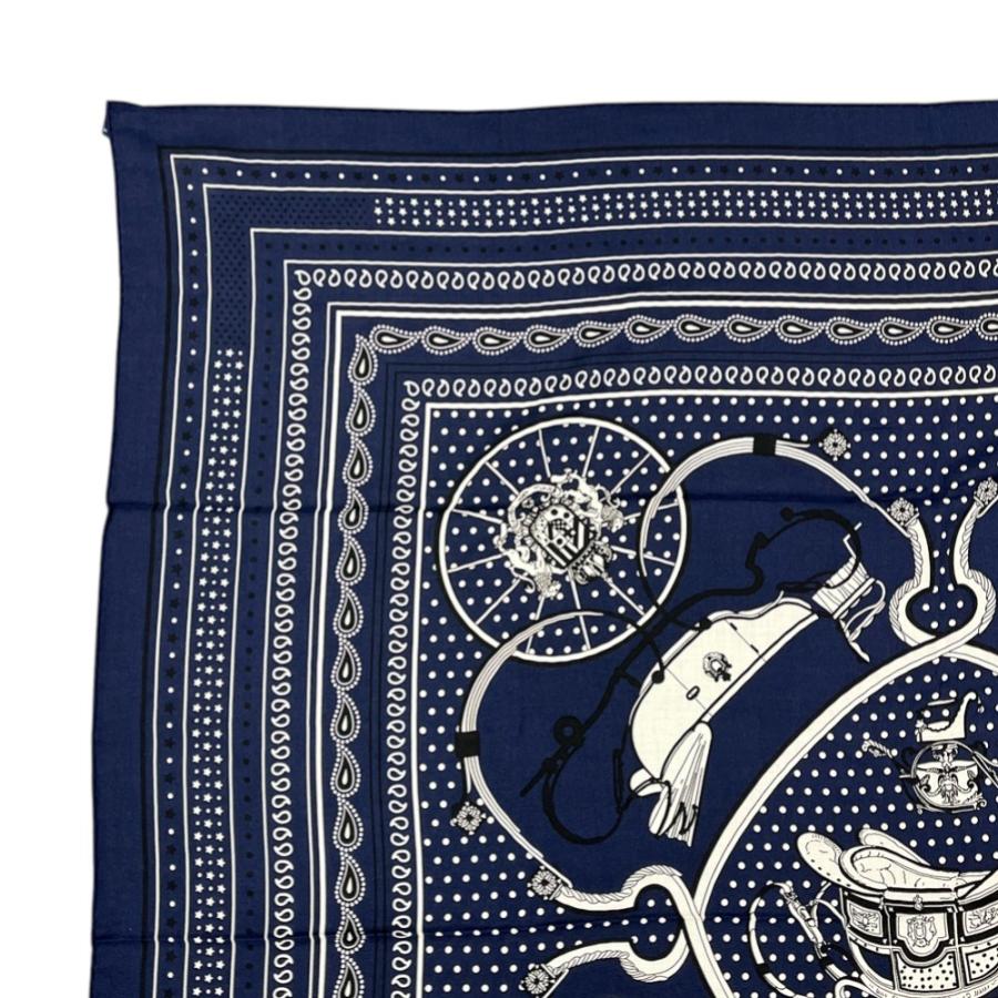 ■未使用■　エルメス カレ140 スカーフ Springs Bandana スプリングス バンダナ 馬車 星 カシミア シルク ネイビー 【394553】3 |  | 01