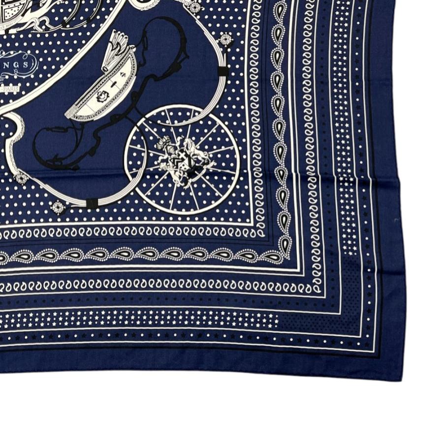 ■未使用■　エルメス カレ140 スカーフ Springs Bandana スプリングス バンダナ 馬車 星 カシミア シルク ネイビー 【394553】3 |  | 03