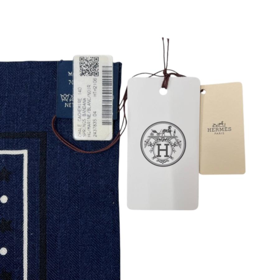 ■未使用■　エルメス カレ140 スカーフ Springs Bandana スプリングス バンダナ 馬車 星 カシミア シルク ネイビー 【394553】3 |  | 06