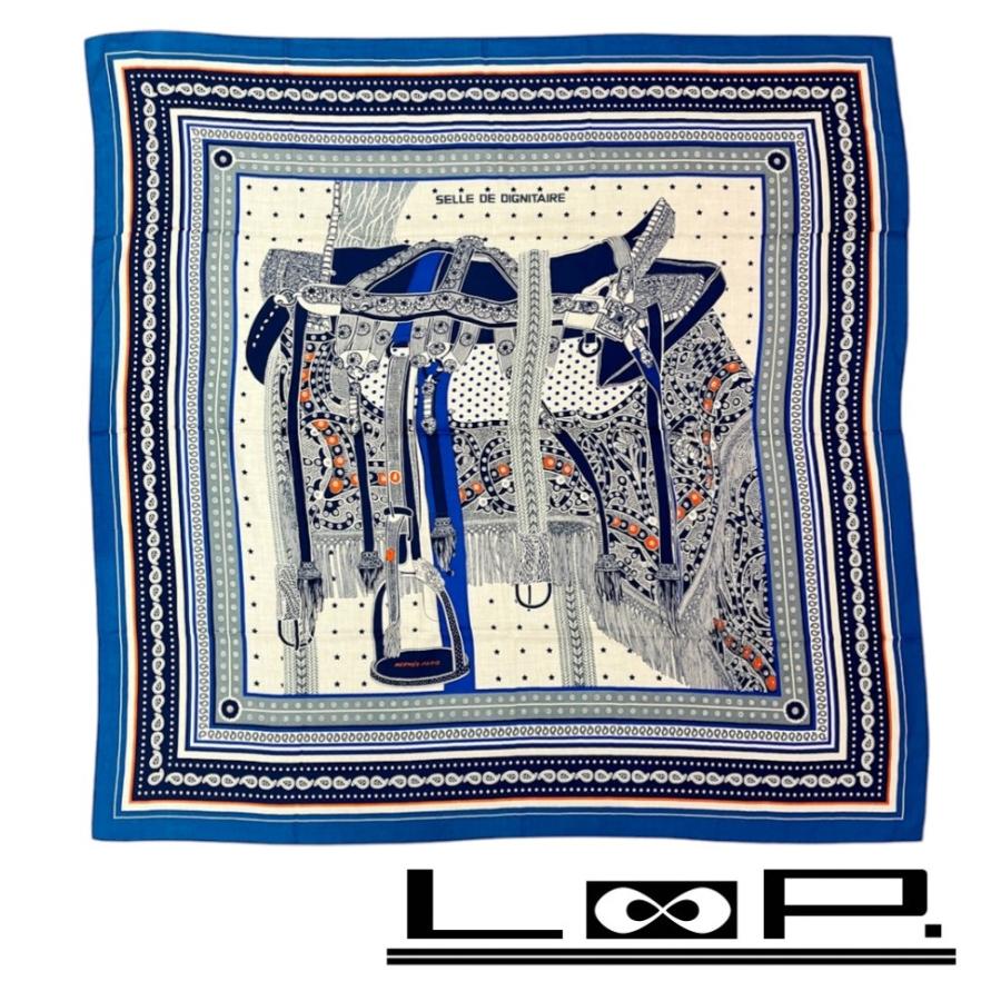 ■未使用■　エルメス カレ140 スカーフ Selle de Dignitaire ホース 馬 カシミア シルク ブルー 【394560】3 | 