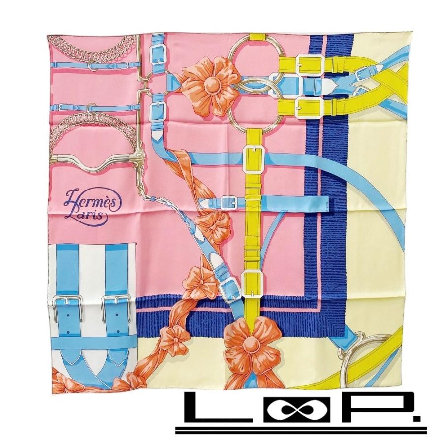 ■新同■　エルメス カレ70 スカーフ グランマネージュデタイユ バンダナ 花 シルク ローズボンボン シエル イエロー 箱  【402234】7 | 