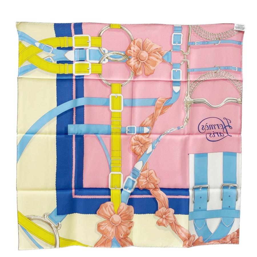 ■新同■　エルメス カレ70 スカーフ グランマネージュデタイユ バンダナ 花 シルク ローズボンボン シエル イエロー 箱  【402234】7 |  | 01