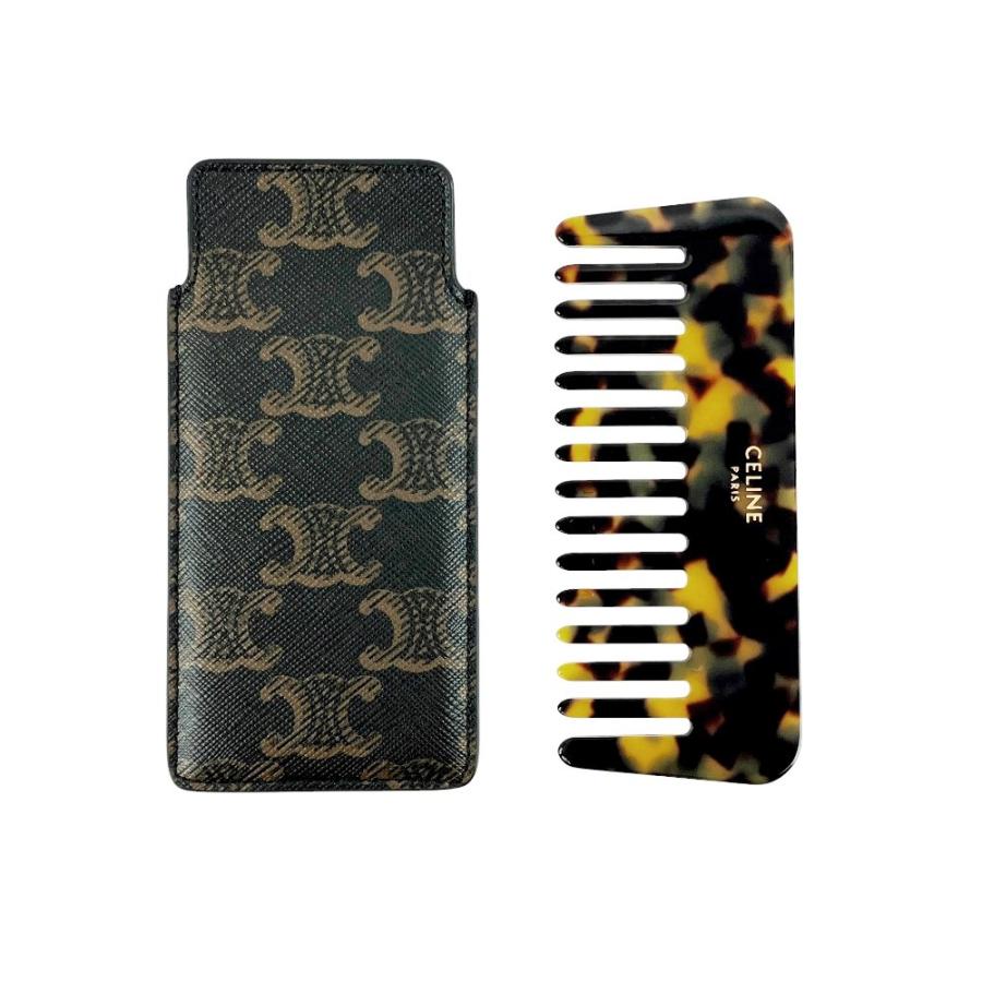 ■美品■　セリーヌ スモールヘアコーム 櫛 クシ ケース付き トリオンフ べっ甲柄 レザー ブラウン系マルチカラー 箱 【416439】7 |  | 01