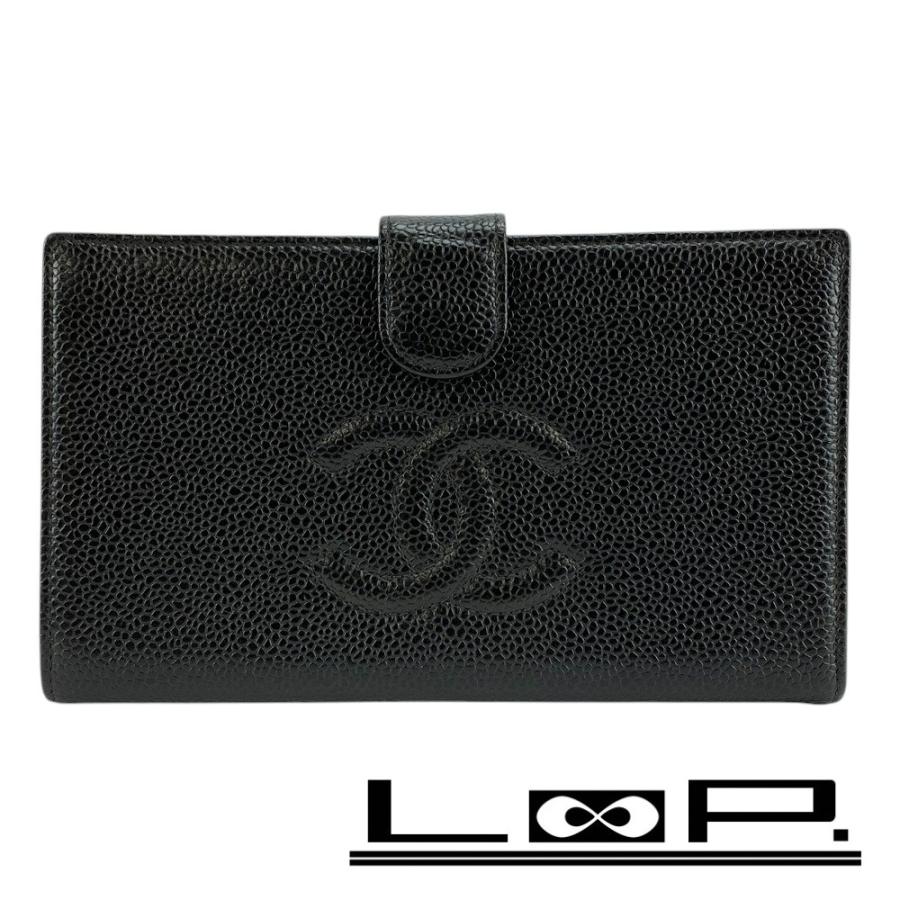 □美品□ シャネル がま口 長財布 二つ折り ウォレット キャビアスキン  