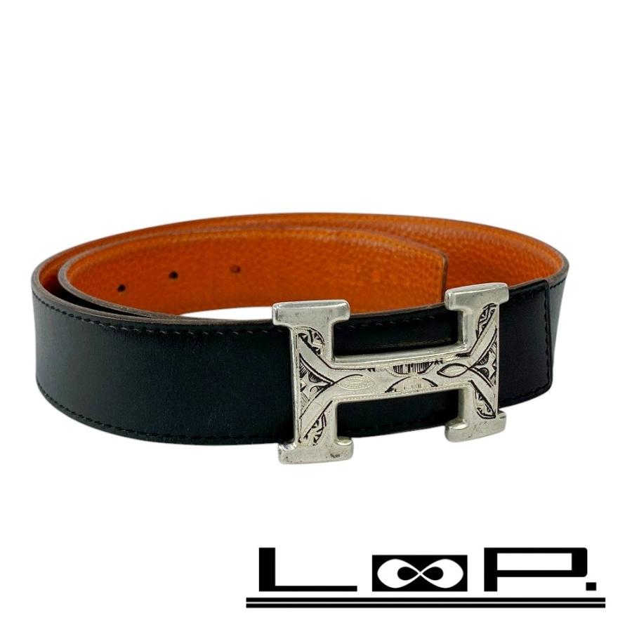 ■中古■　エルメス トゥアレグ ベルト ビジネス レザー SS シルバー ブラック オレンジ □H刻 #70 【419591】5 | 
