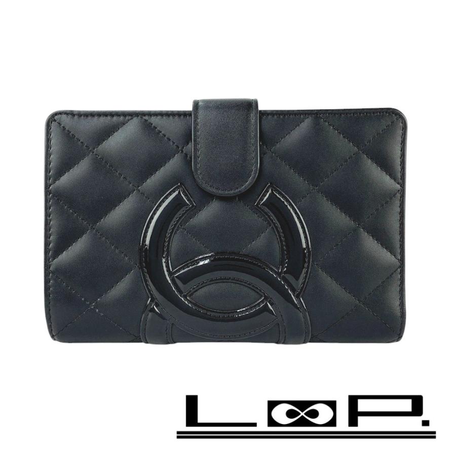 □新同□ シャネル カンボン 二つ折り財布 ラムレザー ブラック ピンク  