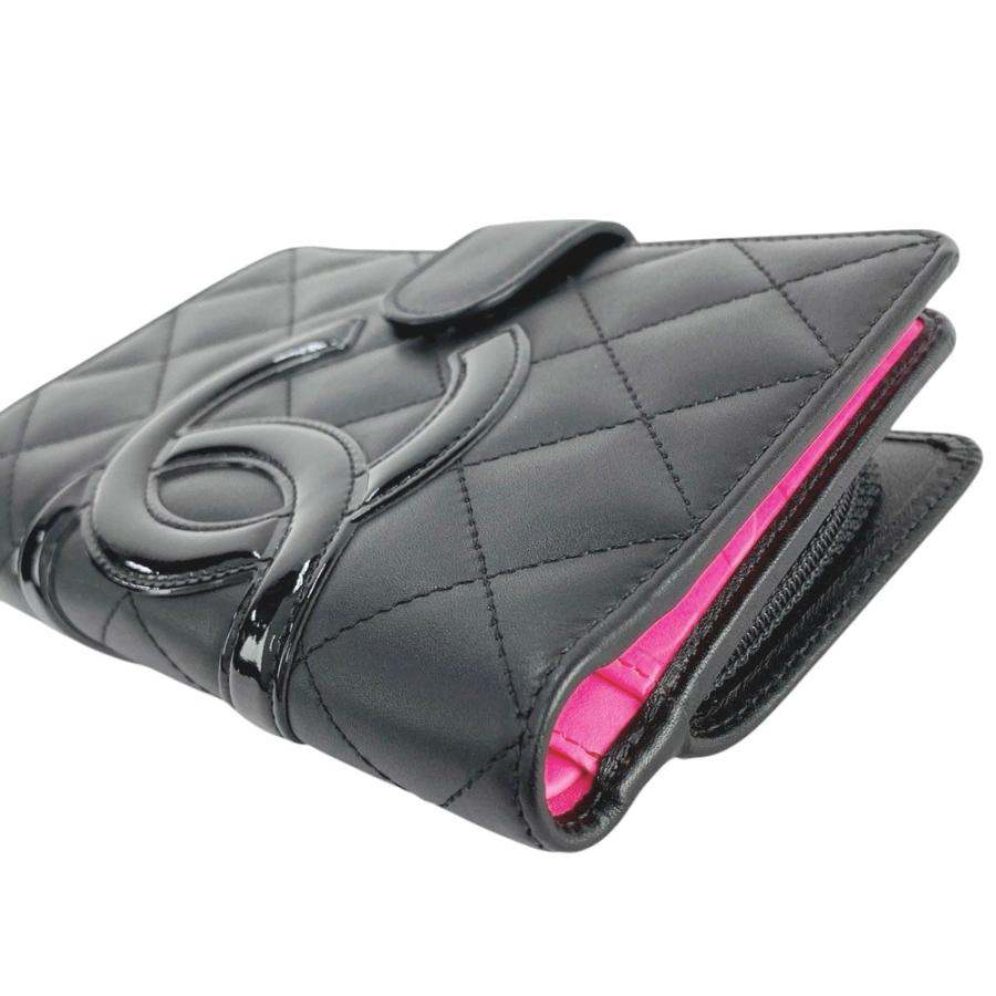 □新同□ シャネル カンボン 二つ折り財布 ラムレザー ブラック ピンク  