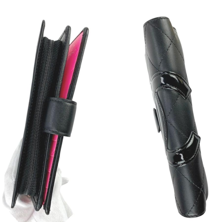 □新同□ シャネル カンボン 二つ折り財布 ラムレザー ブラック ピンク  