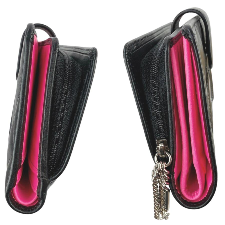 □新同□ シャネル カンボン 二つ折り財布 ラムレザー ブラック ピンク  