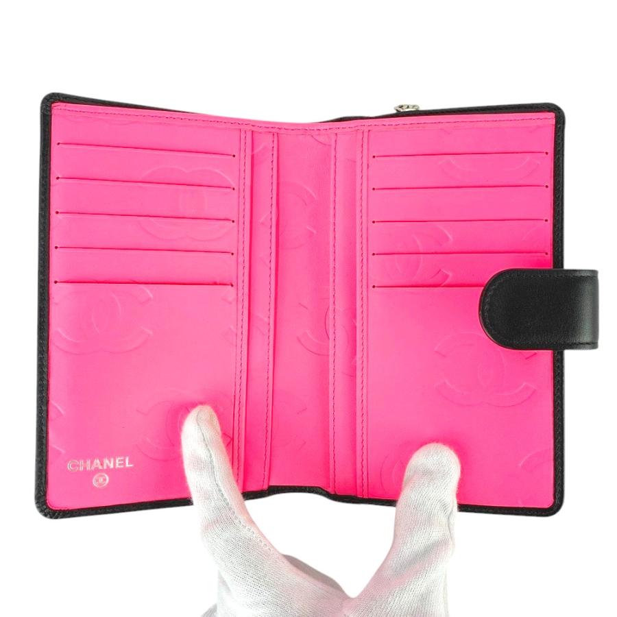 □新同□ シャネル カンボン 二つ折り財布 ラムレザー ブラック ピンク  