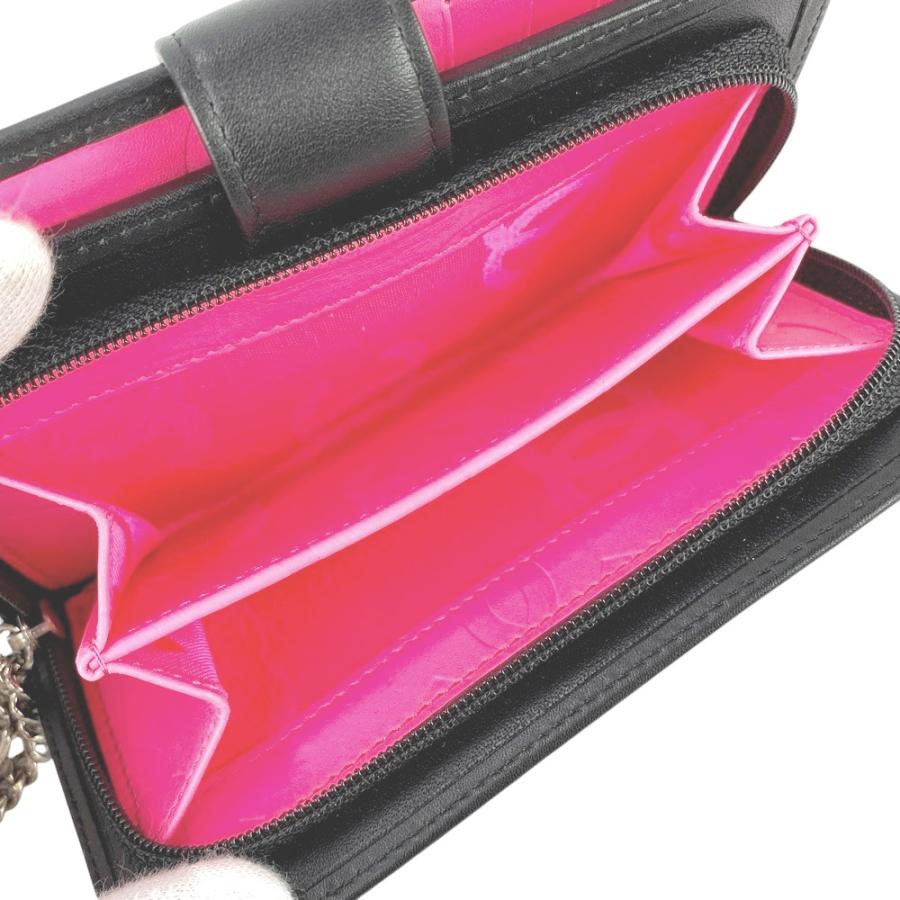 □新同□ シャネル カンボン 二つ折り財布 ラムレザー ブラック ピンク  