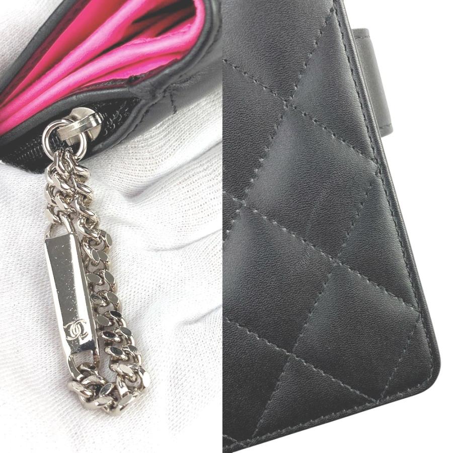 □新同□ シャネル カンボン 二つ折り財布 ラムレザー ブラック ピンク  