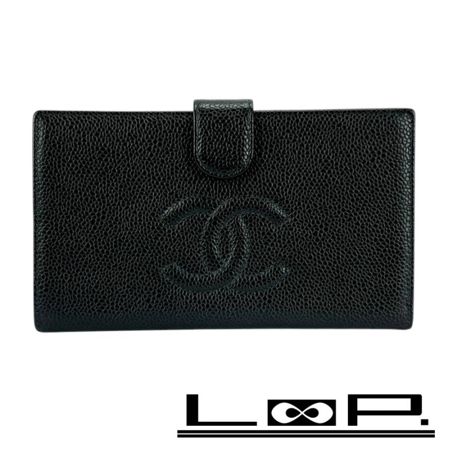 □美品□ シャネル がま口 長財布 二つ折り ウォレット キャビアスキン  