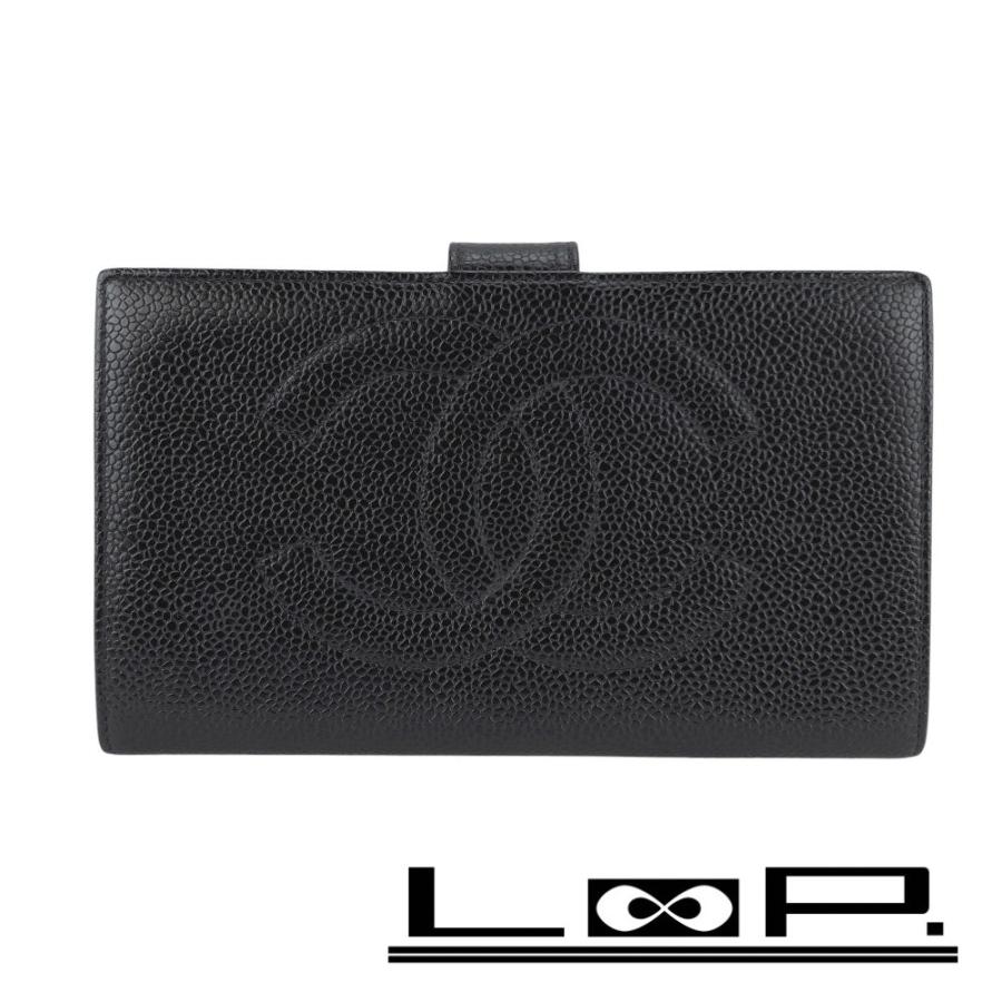 □中古□ シャネル がま口 長財布 二つ折り ウォレット キャビアスキン  