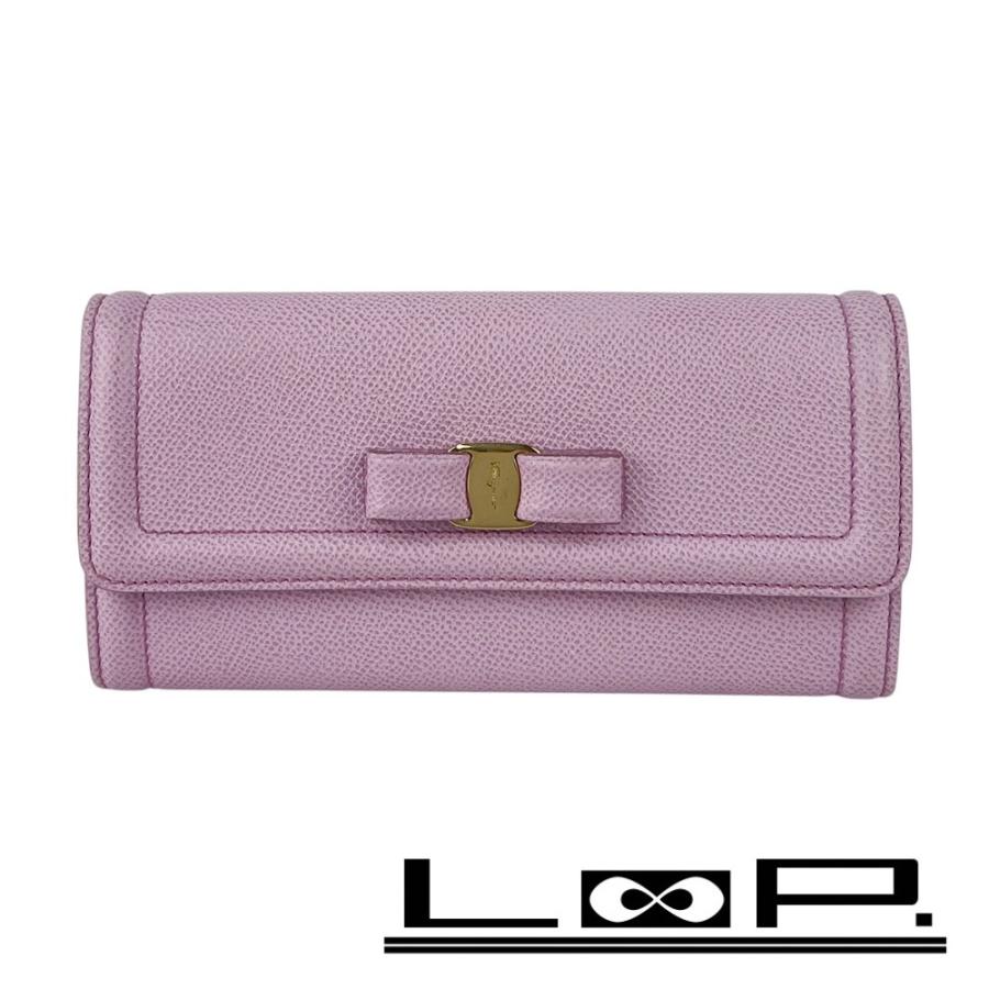 フェラガモ ■美品■ ヴァラ リボン 長財布 ウォレット レザー ピンク 箱 【43172】14 | 