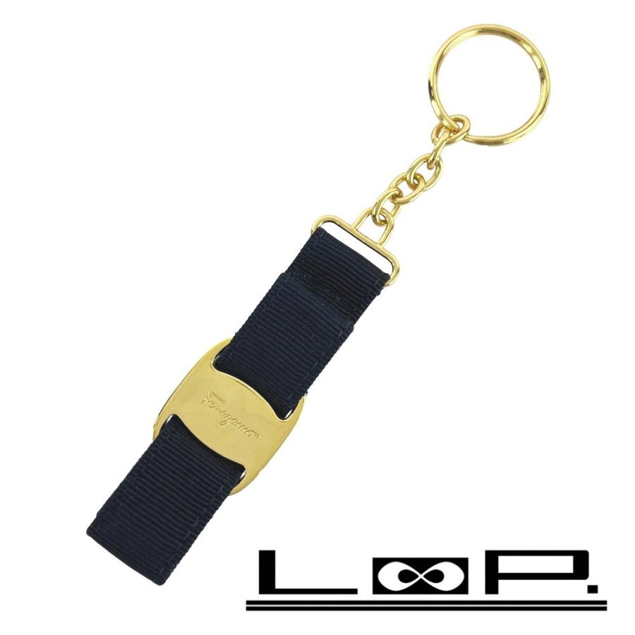 ■新同■　 フェラガモ ヴァラ キーホルダー キーチャーム バッグチャーム リボン メタル GP キャンバス ネイビー ゴールド 【456022】12 | 