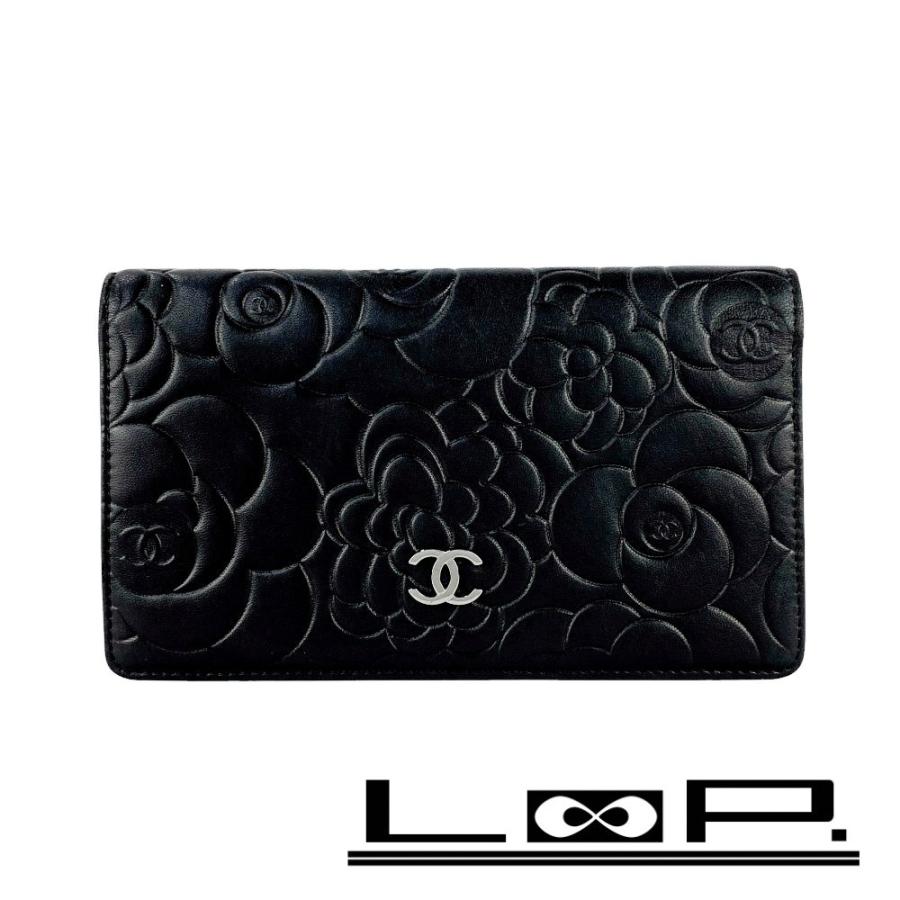 CHANEL シャネル カメリア フラップ長財布 ラムスキンブラック □美品□ シャネル カメリア 長財布 二つ折り フルフラップ レザー