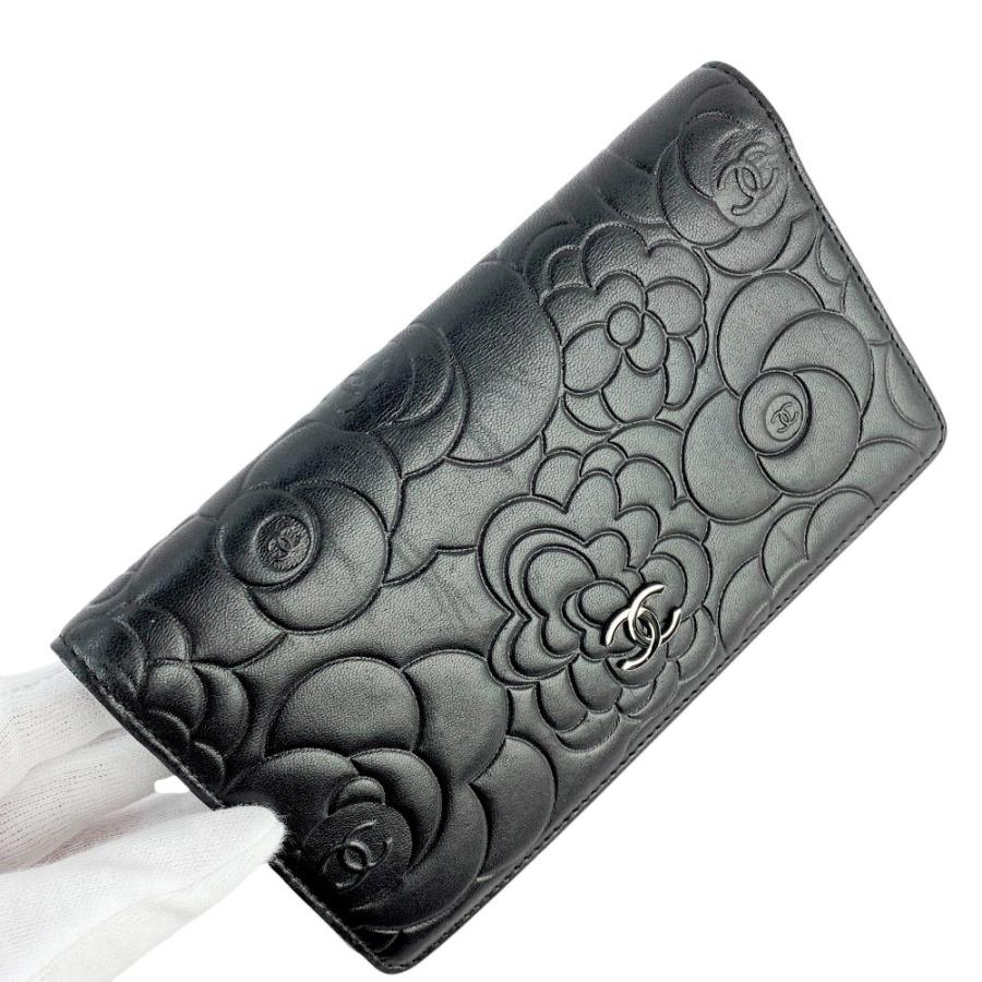 □美品□ シャネル カメリア 長財布 二つ折り フルフラップ レザー