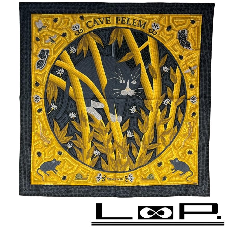 ■新同■　エルメス カレ90 猫に注意 アニマル 動物 蜂 スカーフ ファッション シルク ブラック イエロー 箱 【467059】11 | 