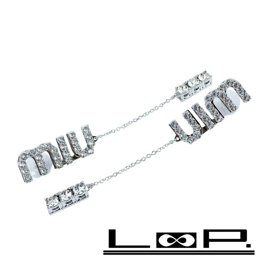 ■新同■　ミュウミュウ ドロップピアス ロゴ アクセサリー クリスタルチャーム 揺れる シルバー SS ラインストーン 【484629】7 | 