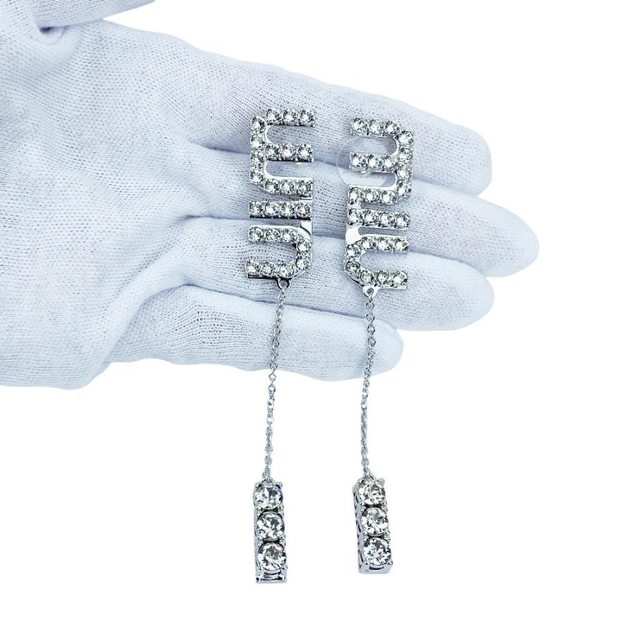 ■新同■　ミュウミュウ ドロップピアス ロゴ アクセサリー クリスタルチャーム 揺れる シルバー SS ラインストーン 【484629】7 |  | 08