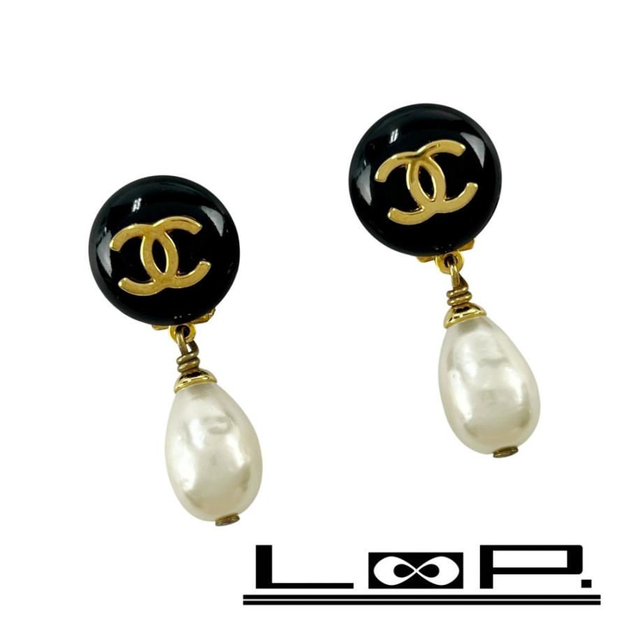 シャネル ■美品■ ココマーク フェイクパール イヤリング アクセサリー GP ブラック 96A 箱【496943】11 | 