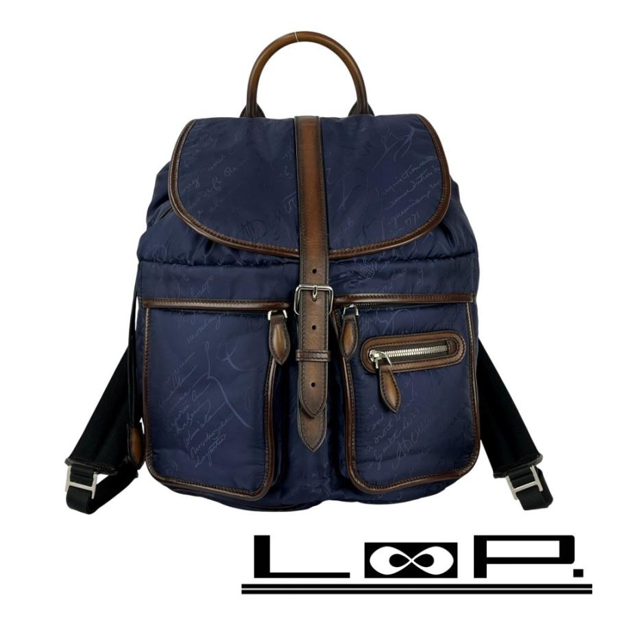 ベルルッティ ■美品■ カリグラフィ リュック バックパック ナイロン レザー ネイビー ブラウン 【545481】10 | 