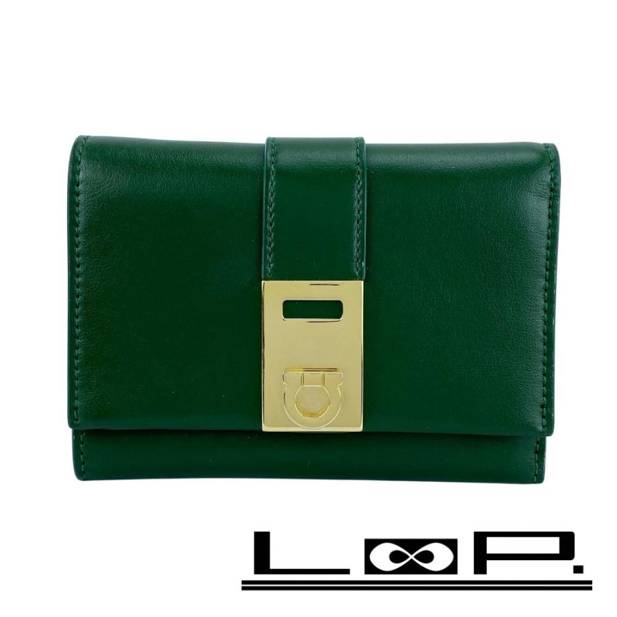 フェラガモ ■美品■ 三つ折り 財布 コンパクト ウォレット ガンチーニ レザー GP グリーン ゴールド 220630 【627408】5 | 