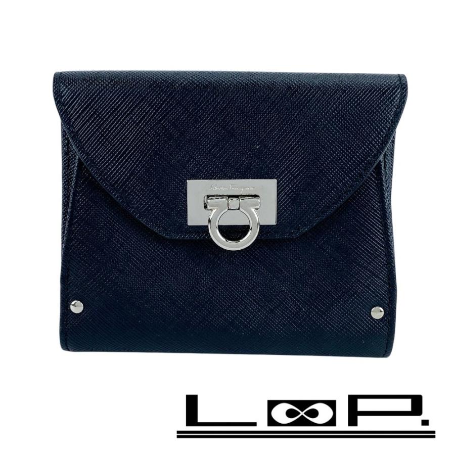 フェラガモ ■新同■ 二つ折り 財布 Wフラップ ウォレット ガンチーニ レザー SS ブラック シルバー JL22-4208 【627767】5 | 
