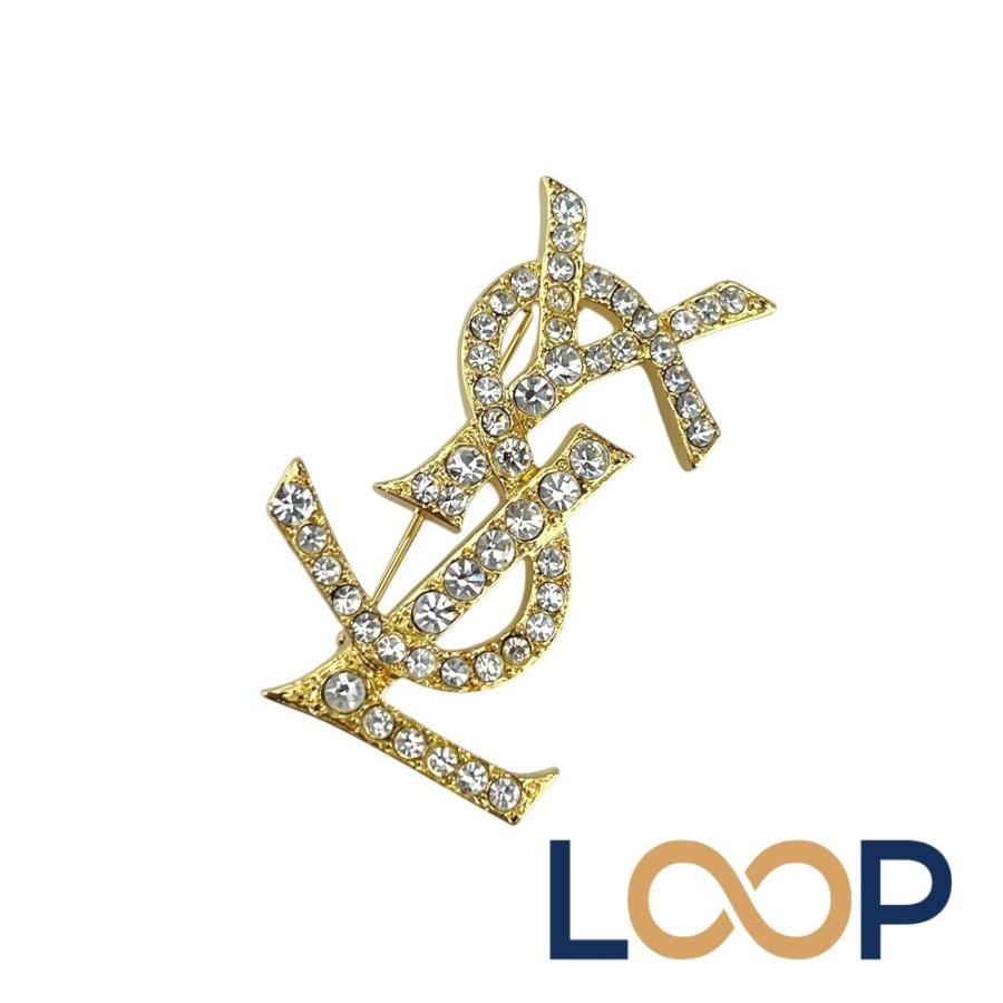 サンローラン ■新同■ カサンドラ ロゴ ブローチ アクセサリー ラインストーン ゴールド GP 【672538】1 | 