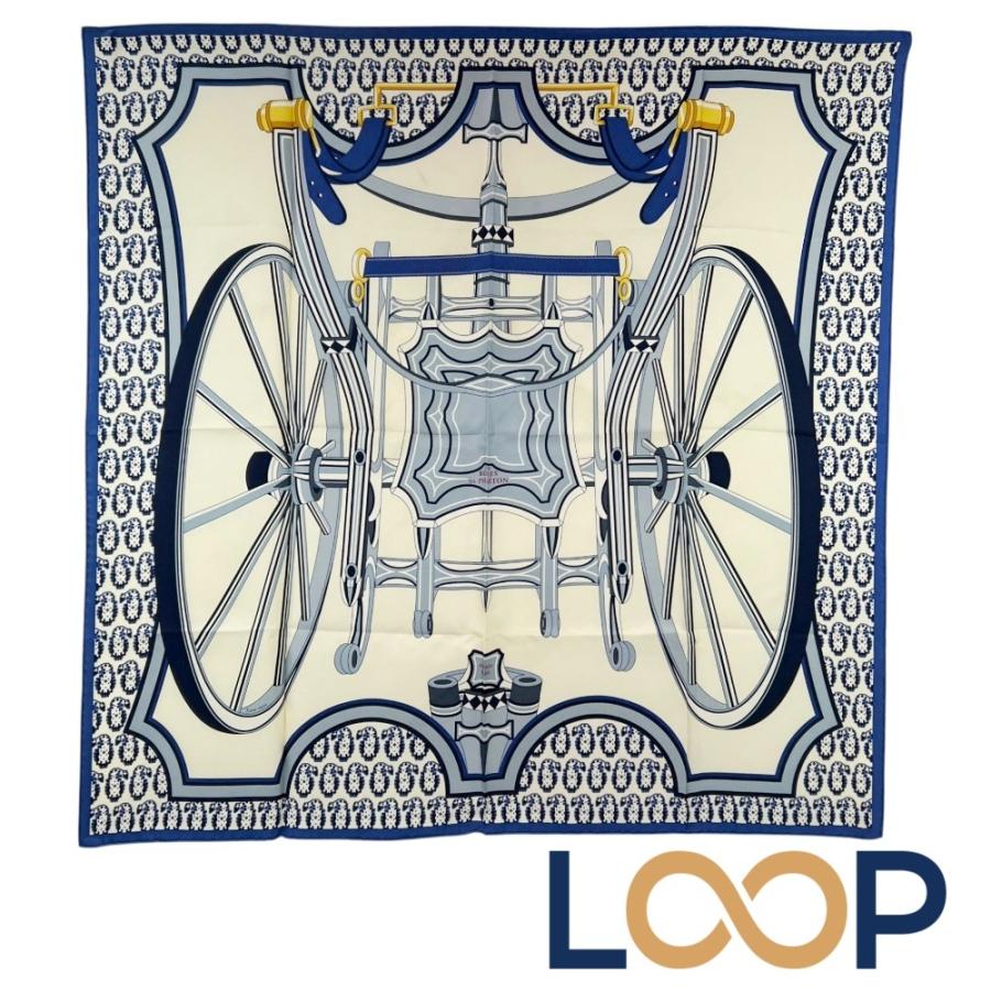 エルメス ■美品■ カレ90 スカーフ 四輪馬車の車輪 LES ROUES DE PHAETON シルク ブルー ベージュ 箱 【683374】8 | 