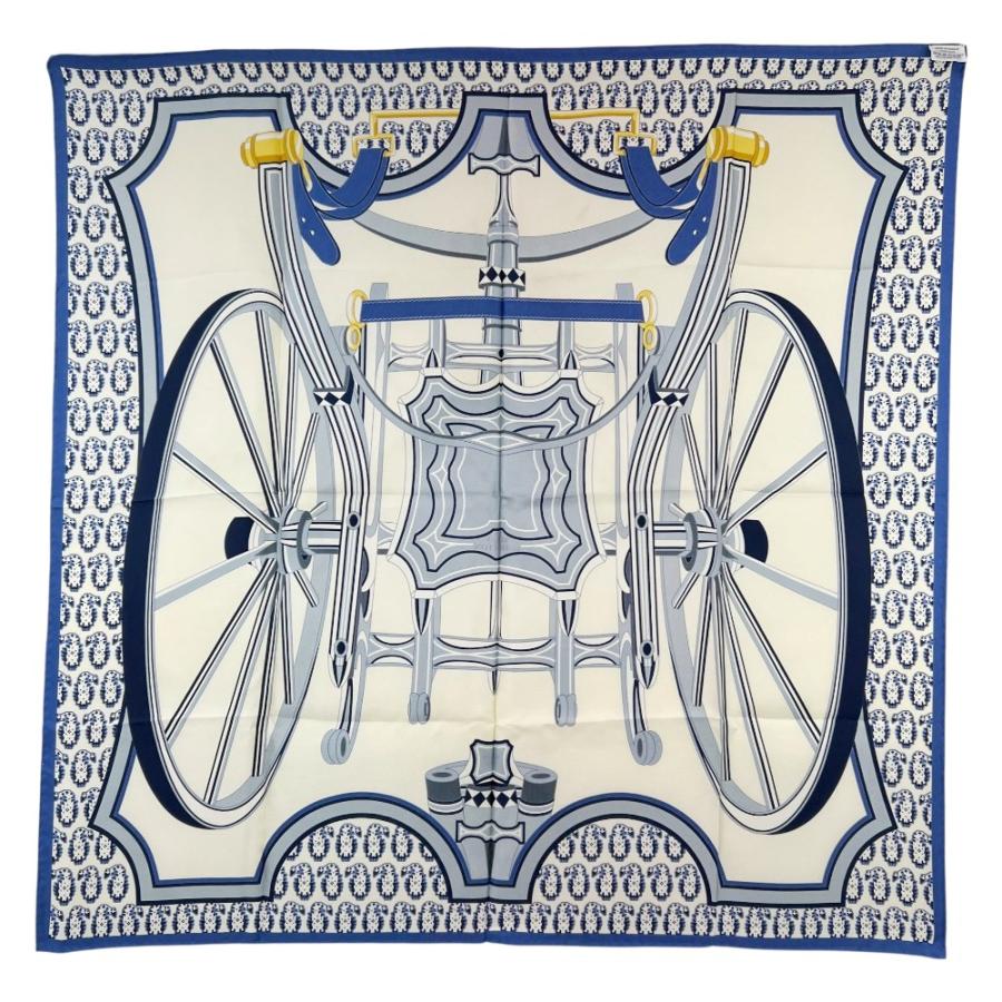 エルメス ■美品■ カレ90 スカーフ 四輪馬車の車輪 LES ROUES DE PHAETON シルク ブルー ベージュ 箱 【683374】8 |  | 06