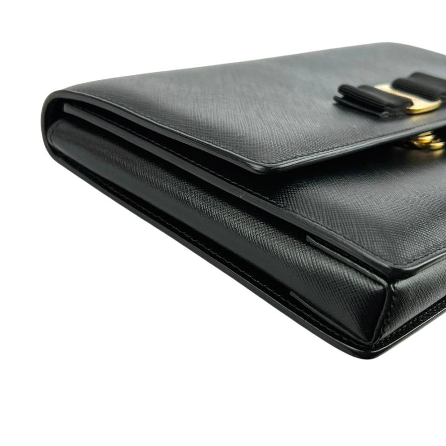 フェラガモ ■美品■ ヴァラ リボン チェーン ショルダー バッグ レザー GP ブラック ゴールド 【700750】1 |  | 02