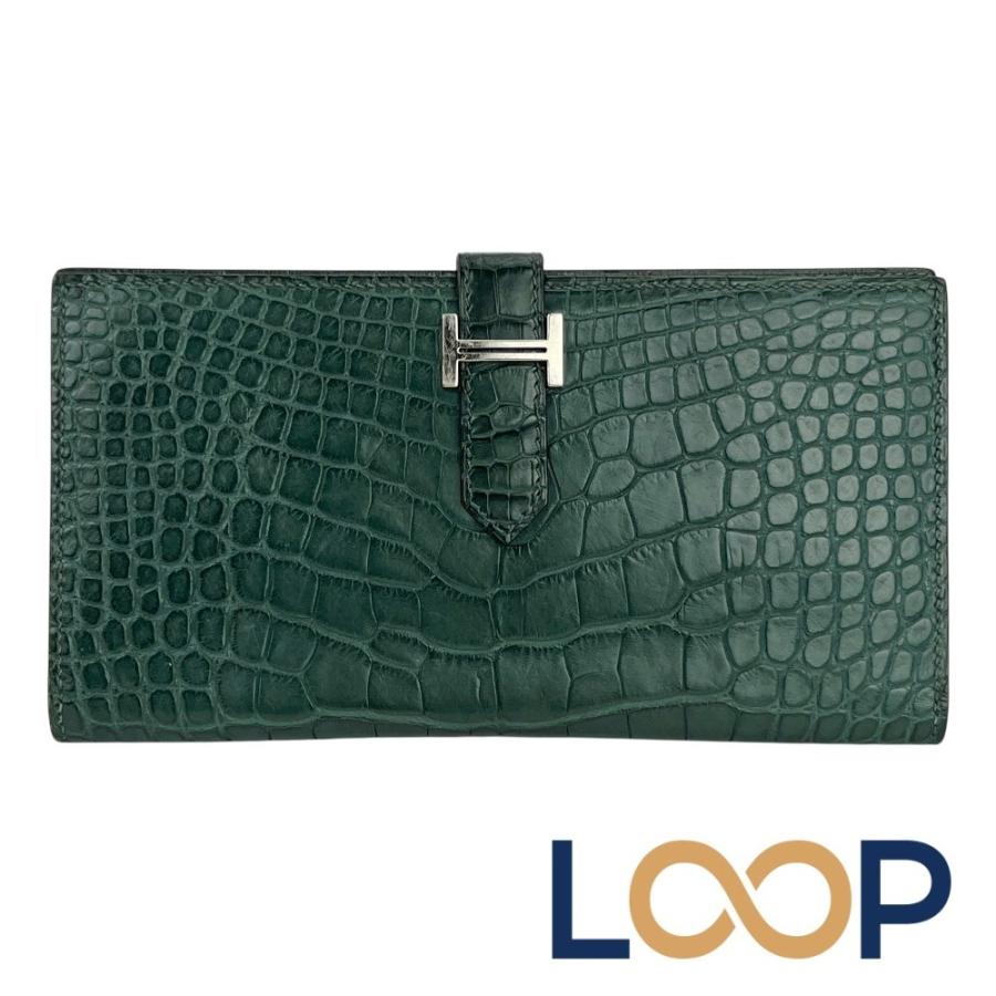 エルメス ■中古■ ベアン クラシック 長財布 ウォレット クロコダイル SS ダークグリーン シルバー □R刻【723902】13 | 
