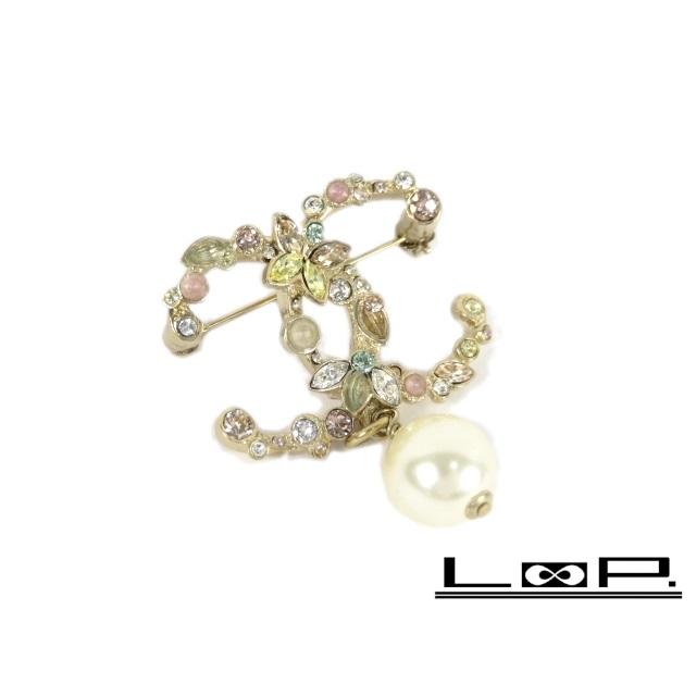 【美品】 CHANEL シャネル ココ ブローチ アクセサリー ラインストーン フェイク パール ゴールド 16C 【A69241】 | 