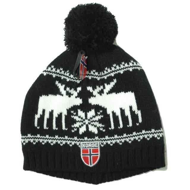 新品 STARZONE NORWAY DESIGN ボンボン付き ノルディック柄ニットキャップ BLACK/WHITE NORGE ニット帽 ワッチキャップ ビーニー g10395 | 