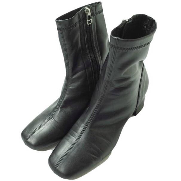 Ray BEAMS レイビームス 日本製 ストレッチブーツ 23.5cm ブラック ショート ヒール サイドジップ フェイクレザー シューズ g10762 | 