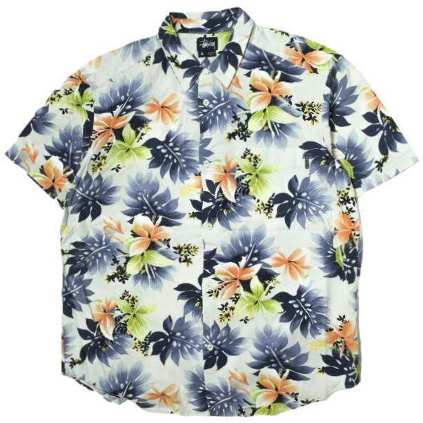 OLD Stussy フラワープリント 半袖シャツ L 紺タグ 90s USA製 OLD Stussy フラワープリント 半袖シャツ L 紺タグ 90s USA製