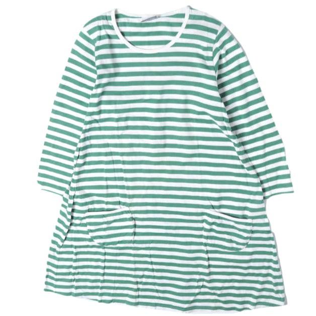 marimekko マリメッコ フィンランド製 コットンボーダーTシャツワンピース 52361-31589 160 Green/White 七分袖 クルーネック トップス | 