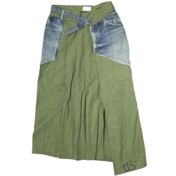 CHANGES チェンジーズ 日本製 VINTAGE REMAKE WRAP PLEATED SKIRT デニム x ミリタリー リメイクラッププリーツスカート ロング g13556 | 