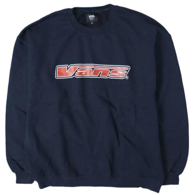 VANS x BEAMS バンズ ビームス 別注 90s Sticker Logo Sweat ロゴプリント 裏起毛 スウェット 121H1040106 L NAVY トレーナー プルオーバー | 