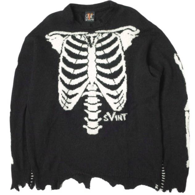 SAINT MICHAEL x VLONE セントマイケル ヴィーロン 22AW BONE KNIT ダメージ加工 ボーンニット SM-A22-0000-094 XL BLACK Mxxxxxx g14579 | 
