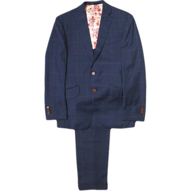 BIELLESI ビエレッシ チェック2Bジャケット ＆ ノープリーツスラックス オーダーサイズ(S程度) ネイビー スーツ セットアップ g15797 | 