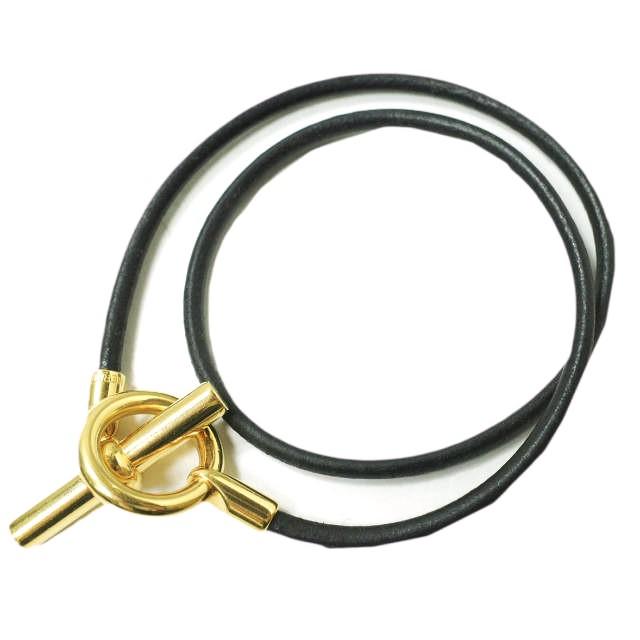 HERMES エルメス マキシ グレナン レザーダブルブレスレット BLACK/GOLD 2連 アクセサリー g16061 | 