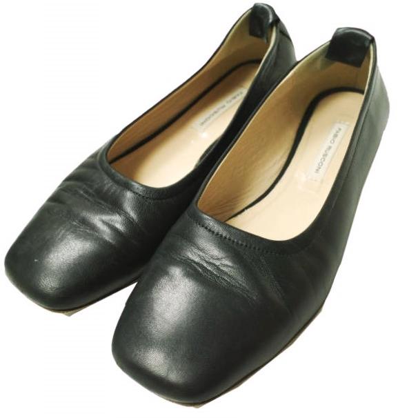 FABIO RUSCONI ファビオルスコーニ イタリア製 スクエアトゥフラットパンプス 35(22.5cm-23cm) ブラック シューズ g16124 | 