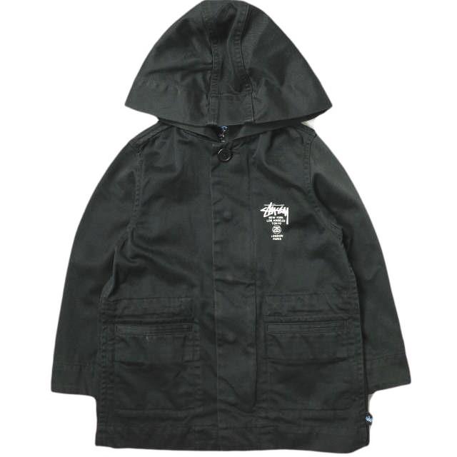 STUSSY ステューシー KIDS ワールドツアーロゴ コットンツイル フーデッドジャケット S/90 ブラック 子供用 キッズ ジャンパー g16695 | 